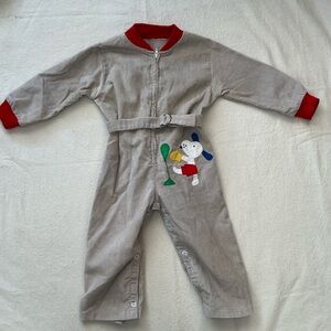 18m Vintage Gray Baby Jumpsuit with Red Accents